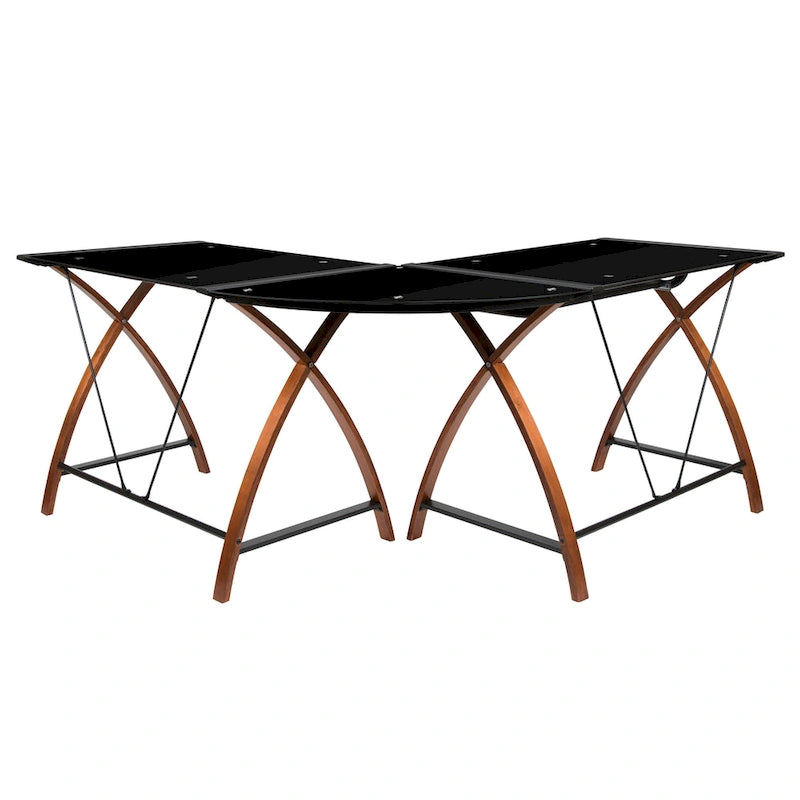 Bureau d'angle en L en verre pour ordinateur avec plateau de clavier coulissant
