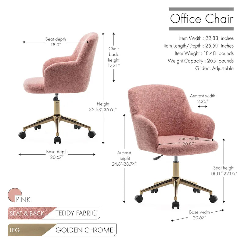 Chaise de bureau pivotante Porthos Home Tana, tissu Teddy, pieds chromés dorés