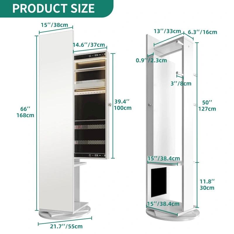 Moasis 66H Armoire à bijoux avec miroir pleine longueur et serrure sur pied