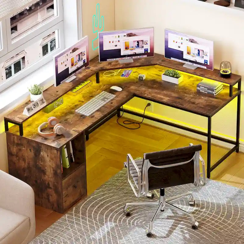 Bureau de jeu en L Moasis de 66 pouces avec étagères et support d'écran, bureau à domicile