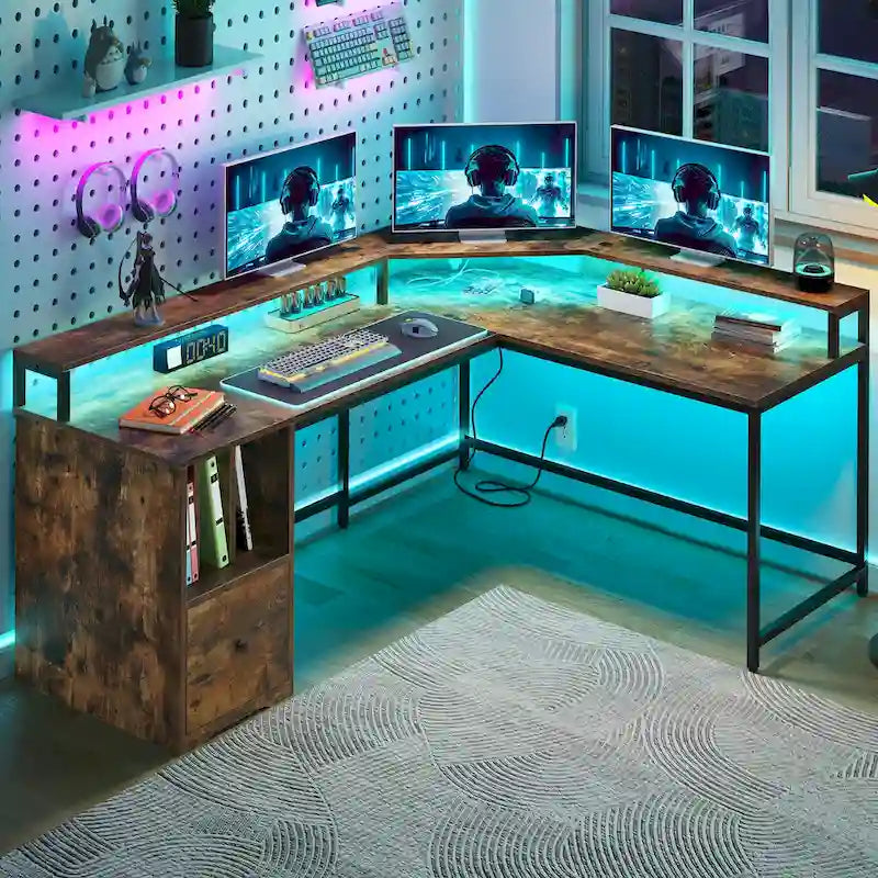 Bureau de jeu en L Moasis de 66 pouces avec étagères et support d'écran, bureau à domicile