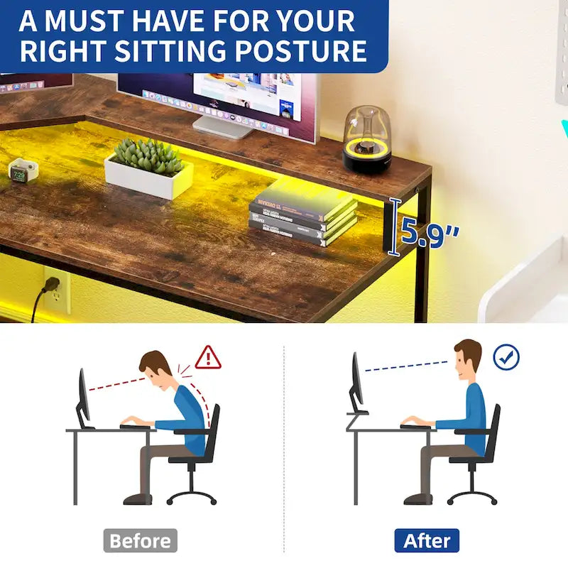 Bureau de jeu en L Moasis de 66 pouces avec étagères et support d'écran, bureau à domicile