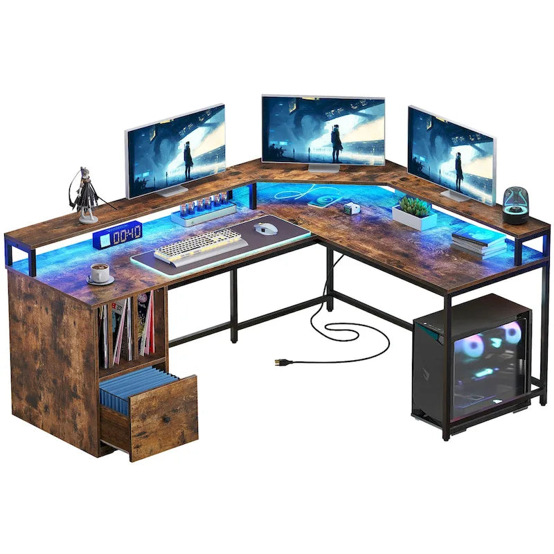Bureau de jeu en L Moasis de 66 pouces avec étagères et support d'écran, bureau à domicile