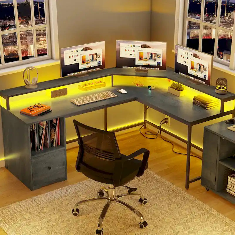 Bureau de jeu en L Moasis de 66 pouces avec étagères et support d'écran, bureau à domicile