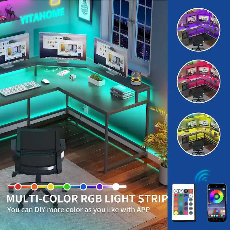 Bureau de jeu en L Moasis de 66 pouces avec étagères et support d'écran, bureau à domicile