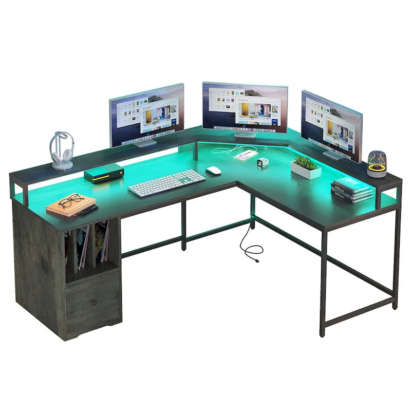Bureau de jeu en L Moasis de 66 pouces avec étagères et support d'écran, bureau à domicile