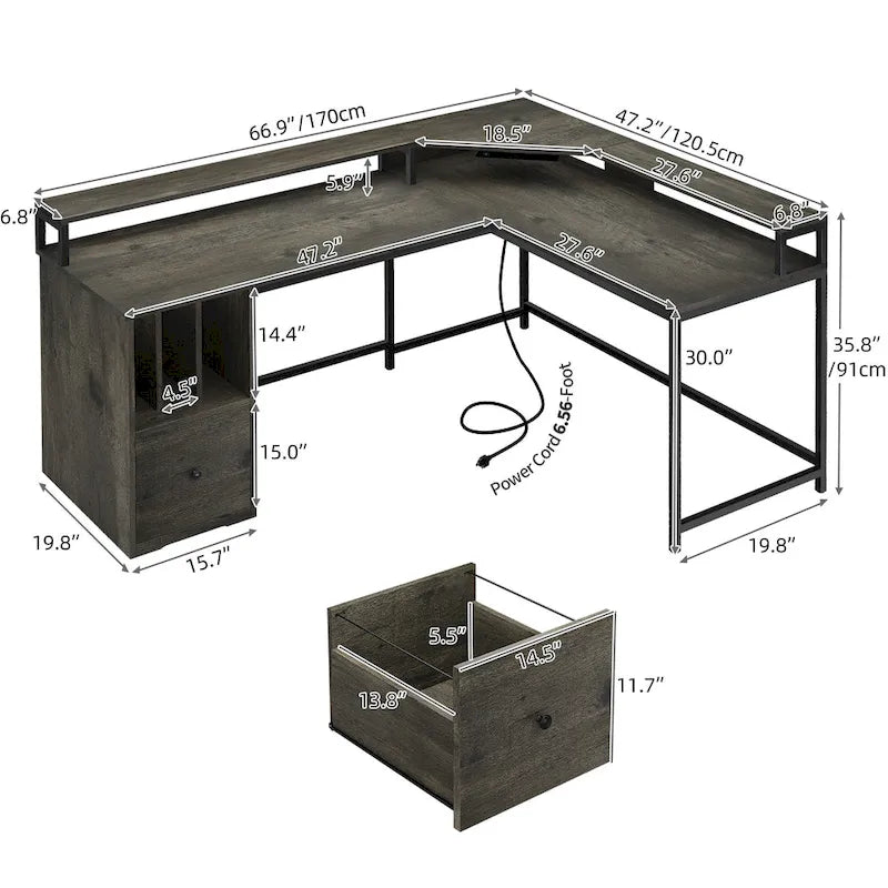Bureau de jeu en L Moasis de 66 pouces avec étagères et support d'écran, bureau à domicile