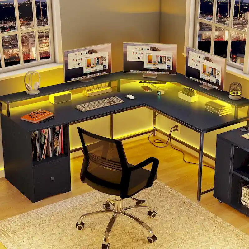 Bureau de jeu en L Moasis de 66 pouces avec étagères et support d'écran, bureau à domicile
