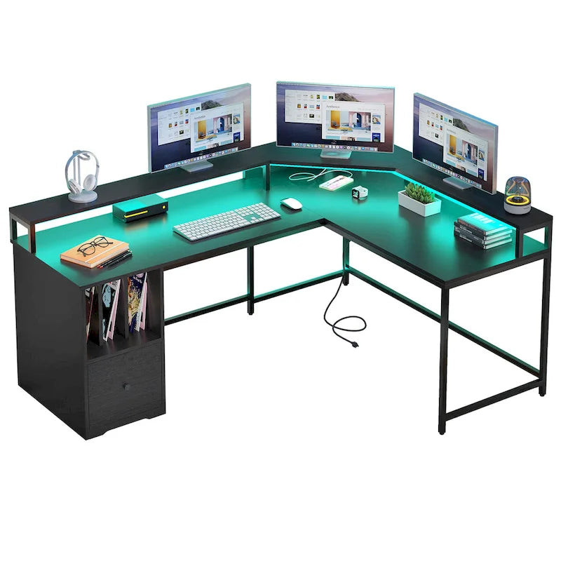 Bureau de jeu en L Moasis de 66 pouces avec étagères et support d'écran, bureau à domicile