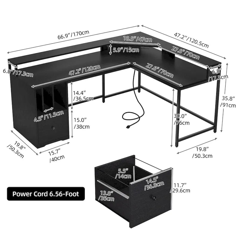 Bureau de jeu en L Moasis de 66 pouces avec étagères et support d'écran, bureau à domicile