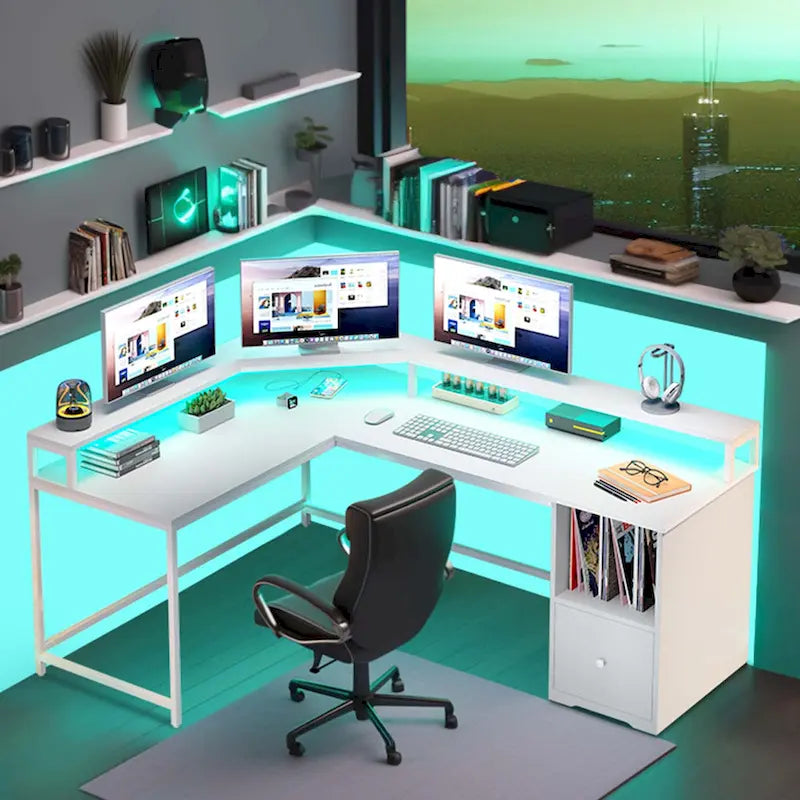 Bureau de jeu en L Moasis de 66 pouces avec étagères et support d'écran, bureau à domicile