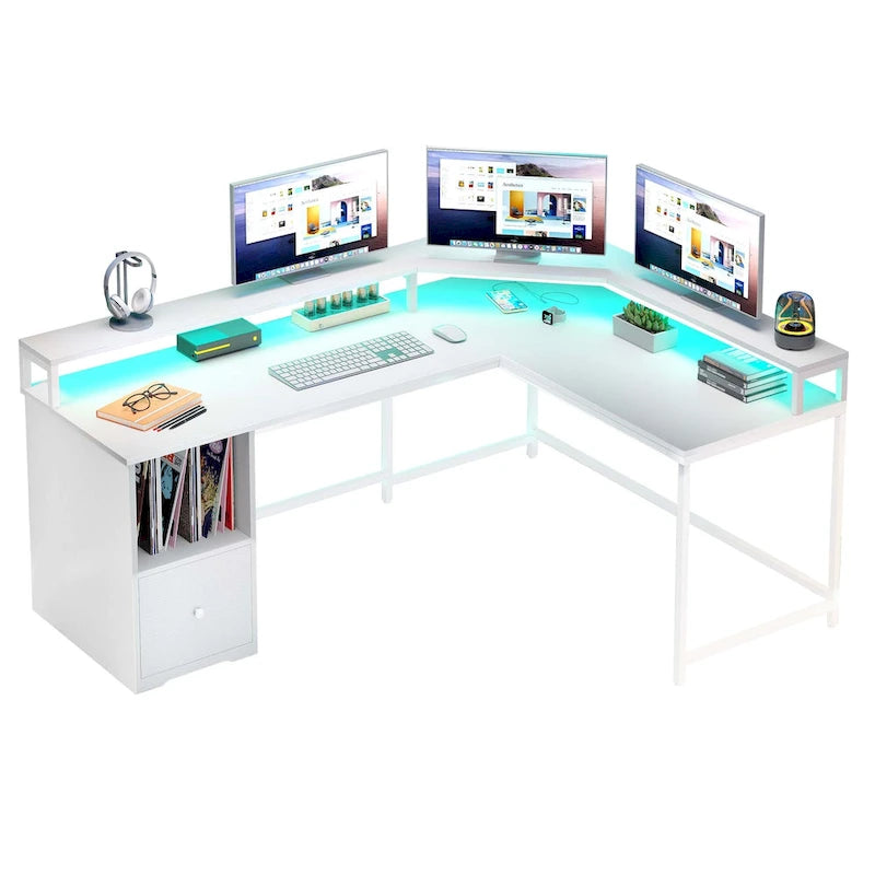 Bureau de jeu en L Moasis de 66 pouces avec étagères et support d'écran, bureau à domicile
