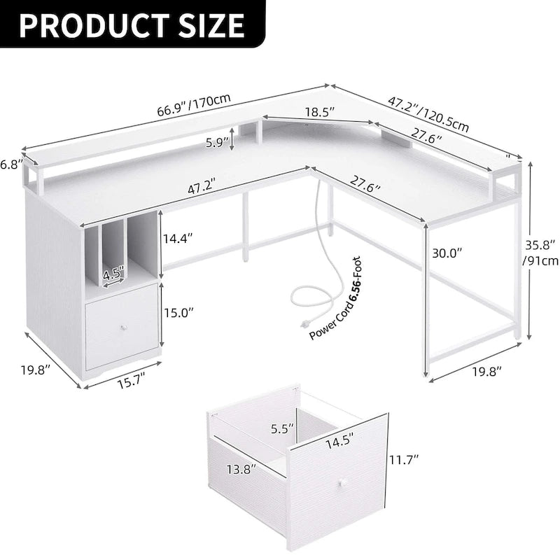 Bureau de jeu en L Moasis de 66 pouces avec étagères et support d'écran, bureau à domicile