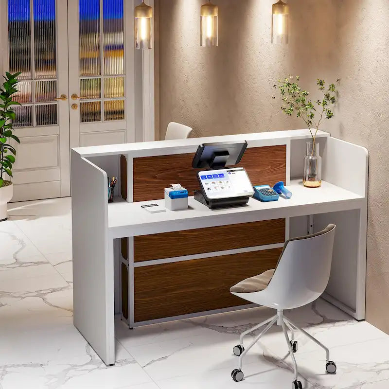 Comptoir d'accueil LED de 63 pouces avec panneaux privés pour la caisse au détail, magasin, bureau, hall, boutique, clinique