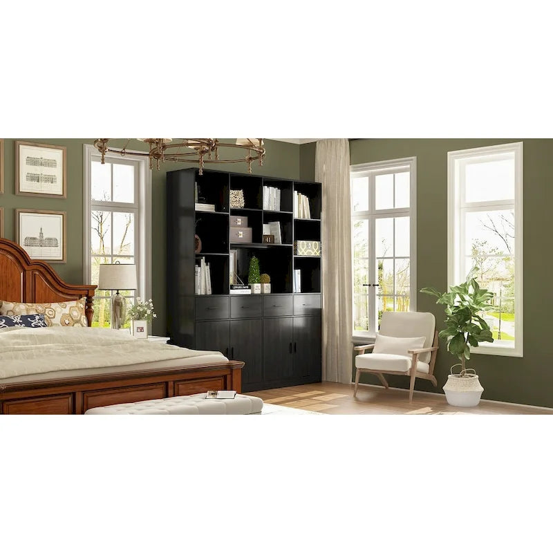Bibliothèque avec 4 portes, 4 tiroirs et étagères de rangement, Noir - 199,9 cm H