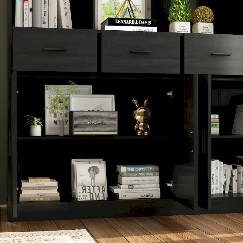 Bibliothèque avec 4 portes, 4 tiroirs et étagères de rangement, Noir - 199,9 cm H