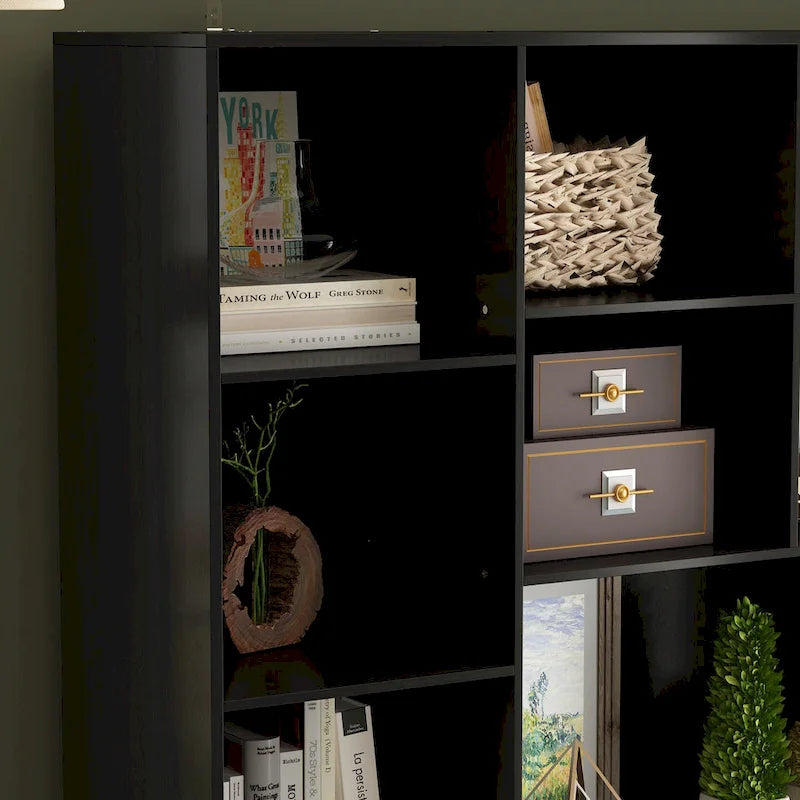 Bibliothèque avec 4 portes, 4 tiroirs et étagères de rangement, Noir - 199,9 cm H