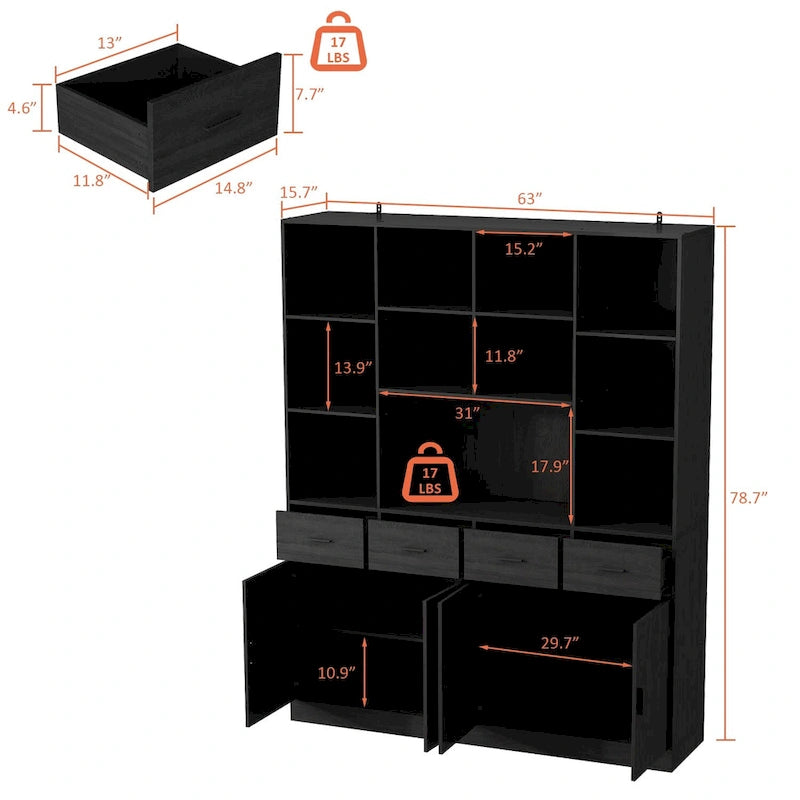 Bibliothèque avec 4 portes, 4 tiroirs et étagères de rangement, Noir - 199,9 cm H