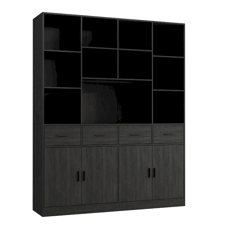 Bibliothèque avec 4 portes, 4 tiroirs et étagères de rangement, Noir - 199,9 cm H