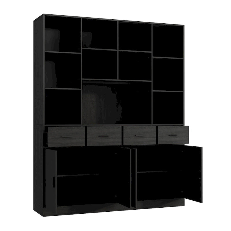 Bibliothèque avec 4 portes, 4 tiroirs et étagères de rangement, Noir - 199,9 cm H