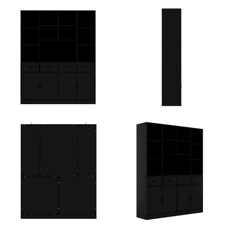Bibliothèque avec 4 portes, 4 tiroirs et étagères de rangement, Noir - 199,9 cm H