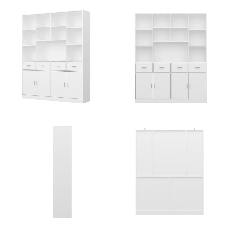 Bibliothèque avec 4 portes, 4 tiroirs et étagères de rangement, Noir - 199,9 cm H