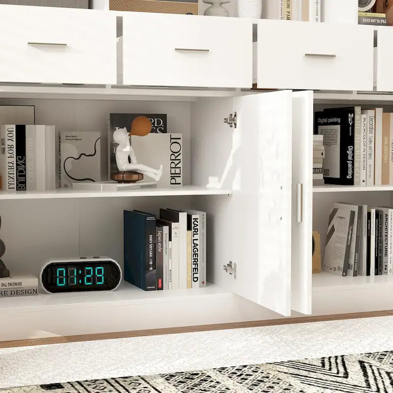 Bibliothèque avec 4 portes, 4 tiroirs et étagères de rangement, Noir - 199,9 cm H