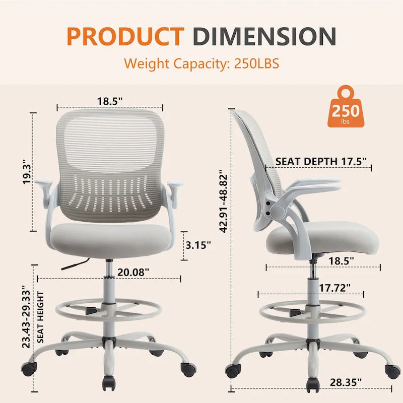 Chaise de bureau ergonomique haute Drafting Tall avec accoudoirs relevables
