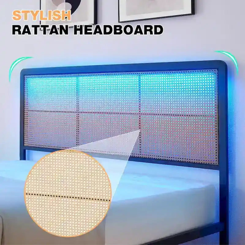 Cadre de lit plateforme en rotin moderne avec tête de lit lumineuse à LED