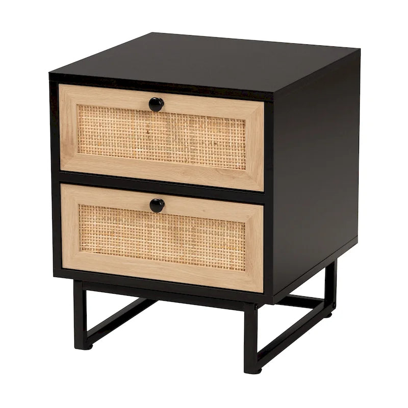 Table d'appoint à 2 tiroirs Baxton Studio Declan de style moderne du milieu du siècle en bois finition brun expresso et rotin naturel