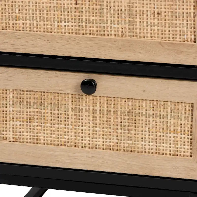 Table d'appoint à 2 tiroirs Baxton Studio Declan de style moderne du milieu du siècle en bois finition brun expresso et rotin naturel