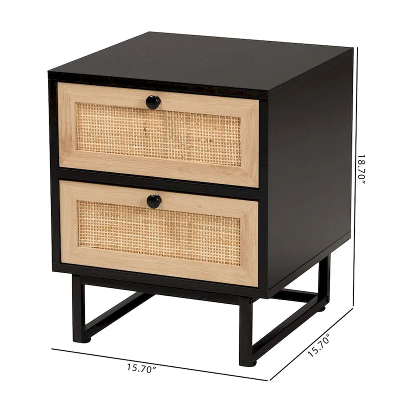 Table d'appoint à 2 tiroirs Baxton Studio Declan de style moderne du milieu du siècle en bois finition brun expresso et rotin naturel