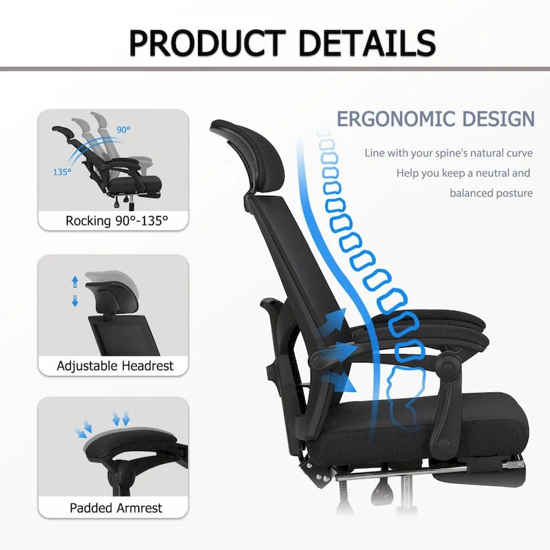 Chaise de bureau ergonomique pivotante en maille avec repose-pieds