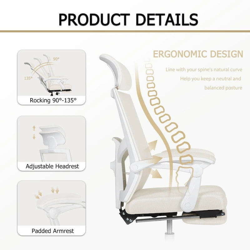 Chaise de bureau ergonomique pivotante en maille avec repose-pieds