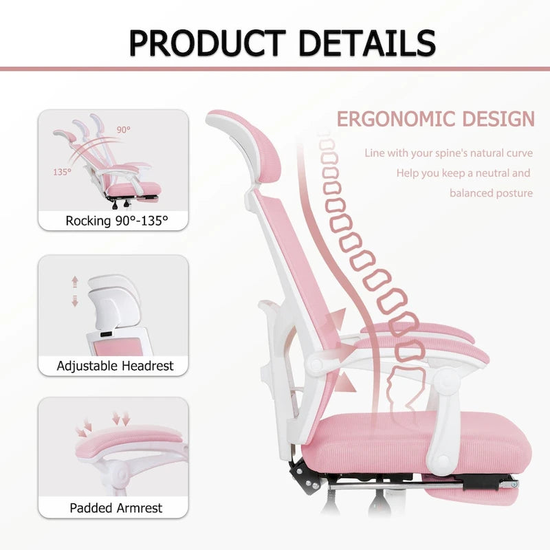 Chaise de bureau ergonomique pivotante en maille avec repose-pieds