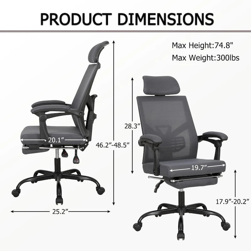 Chaise de bureau ergonomique pivotante en maille avec repose-pieds