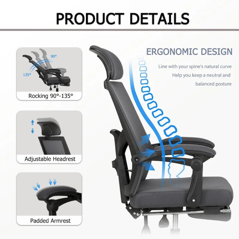 Chaise de bureau ergonomique pivotante en maille avec repose-pieds