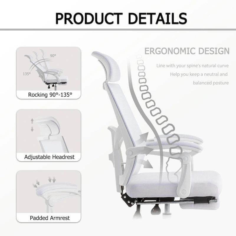 Chaise de bureau ergonomique pivotante en maille avec repose-pieds