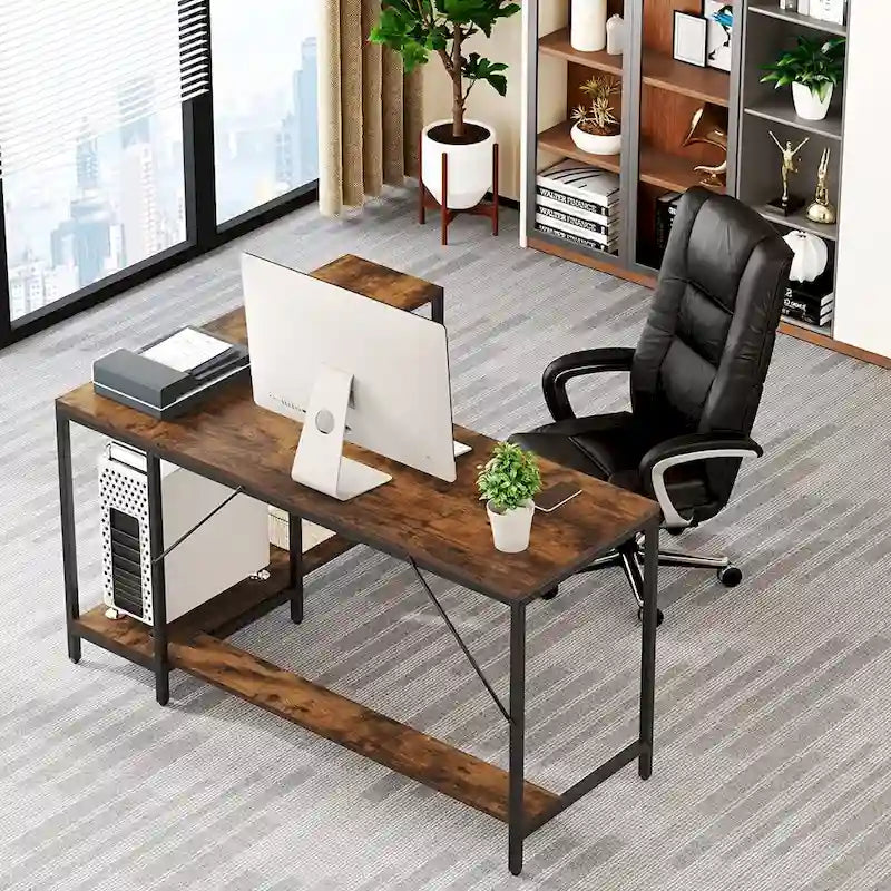 Bureau en L avec étagères de rangement, bureau d'angle avec huche, poste de travail de bureau à domicile