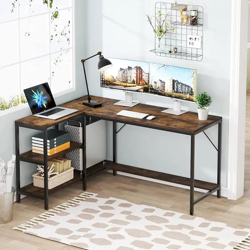 Bureau en L avec étagères de rangement, bureau d'angle avec huche, poste de travail de bureau à domicile