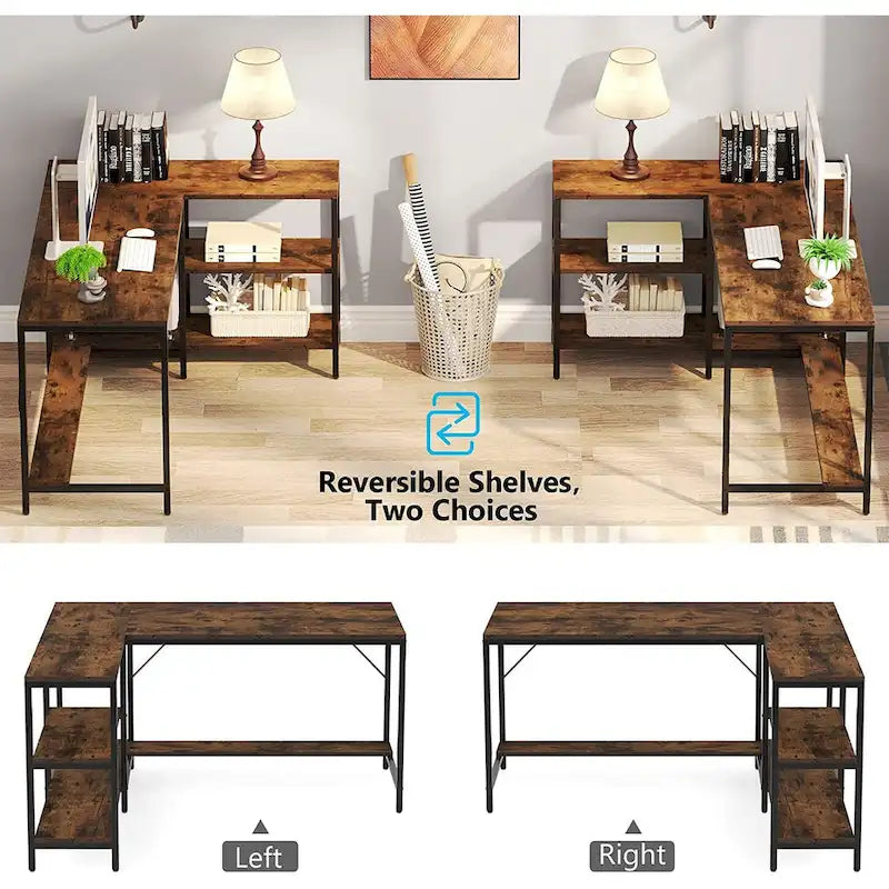 Bureau en L avec étagères de rangement, bureau d'angle avec huche, poste de travail de bureau à domicile