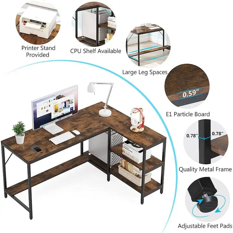 Bureau en L avec étagères de rangement, bureau d'angle avec huche, poste de travail de bureau à domicile
