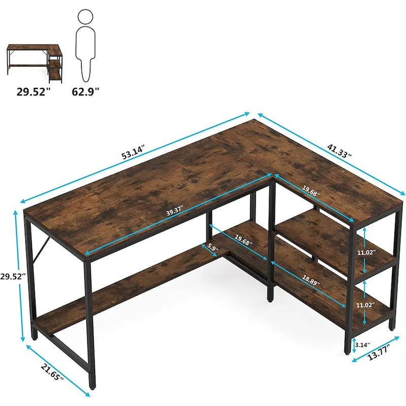 Bureau en L avec étagères de rangement, bureau d'angle avec huche, poste de travail de bureau à domicile