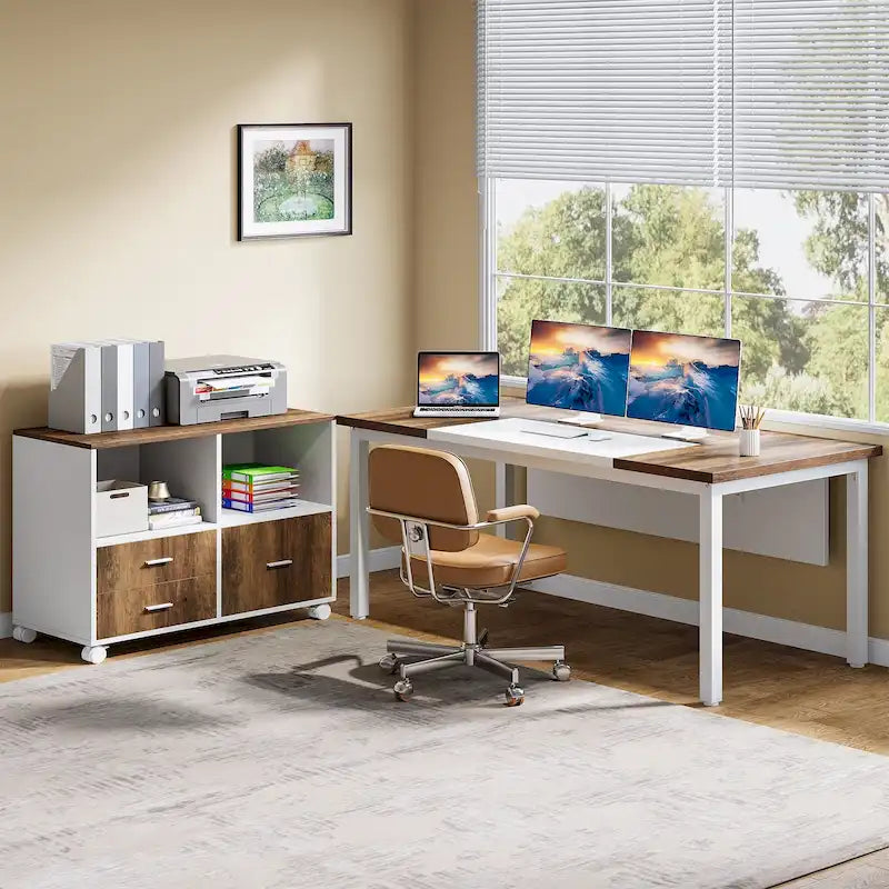 Bureau d'ordinateur de direction en L et classeur latéral, bureau de 63 pouces pour bureau à domicile, ensemble de bureau avec crédence
