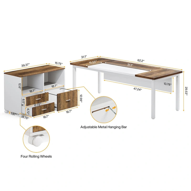 Bureau d'ordinateur de direction en L et classeur latéral, bureau de 63 pouces pour bureau à domicile, ensemble de bureau avec crédence