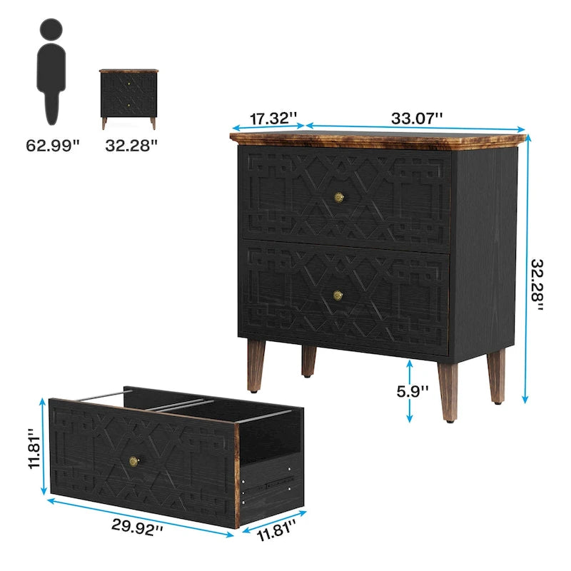 Classeur latéral, classeur à 2 tiroirs, meuble de rangement en bois noir