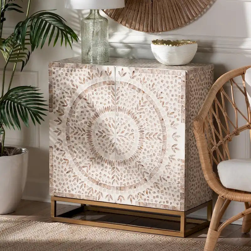 Meuble de rangement Ercilia Bohème Moderne Blanc et Marron Rustique en Nacre