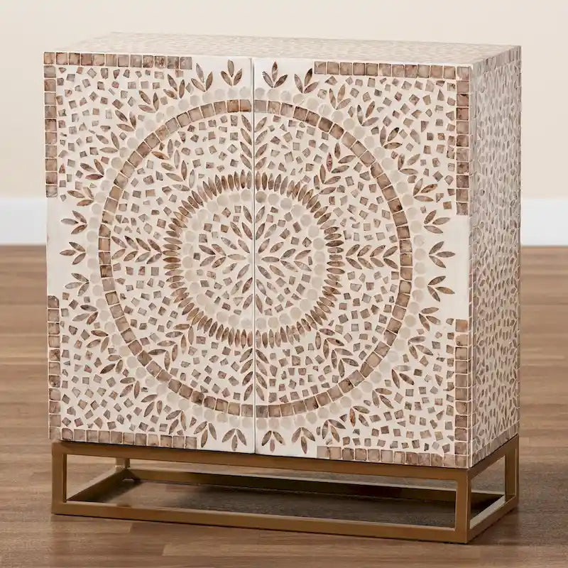 Meuble de rangement Ercilia Bohème Moderne Blanc et Marron Rustique en Nacre