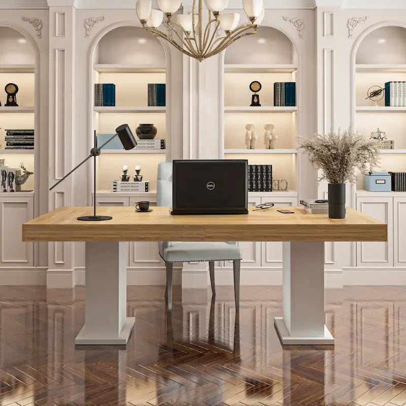 Bureau d'ordinateur/Table à manger grande en bois pratique avec base blanche