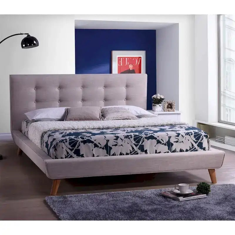 Lit plateforme capitonné pleine taille en lin gris moderne avec tête de lit capitonnée à boutons